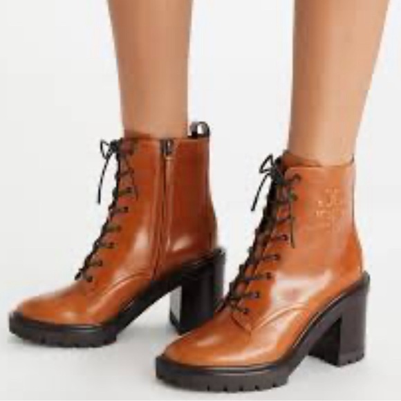 Tory Burch Double T Lug Sole Brown Leather boots size 9.5 combat hiker - Picture 1 of 16